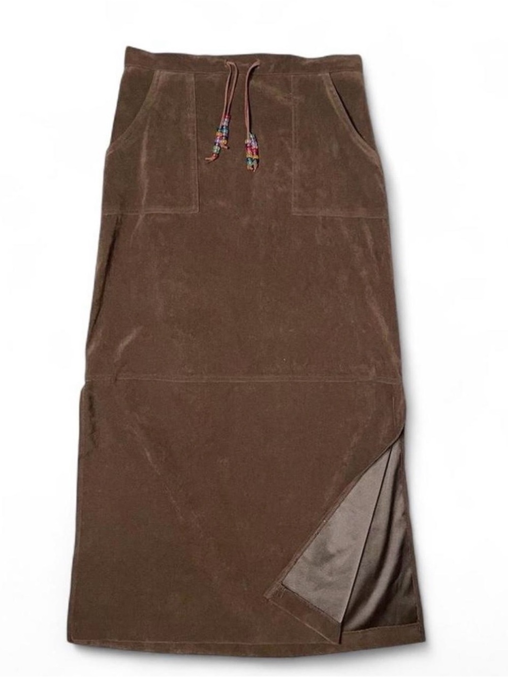 Tracy Evans Brown Suede Maxi Skirt Y2K 90s Beaded Waistband Boho Indie Prairie